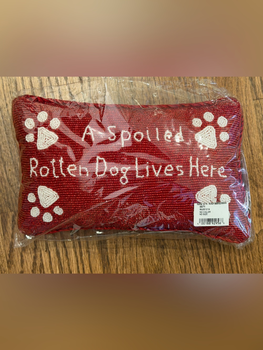 Sudha Pennathur beaded accent pillow “Spoiled Rotten Dog”